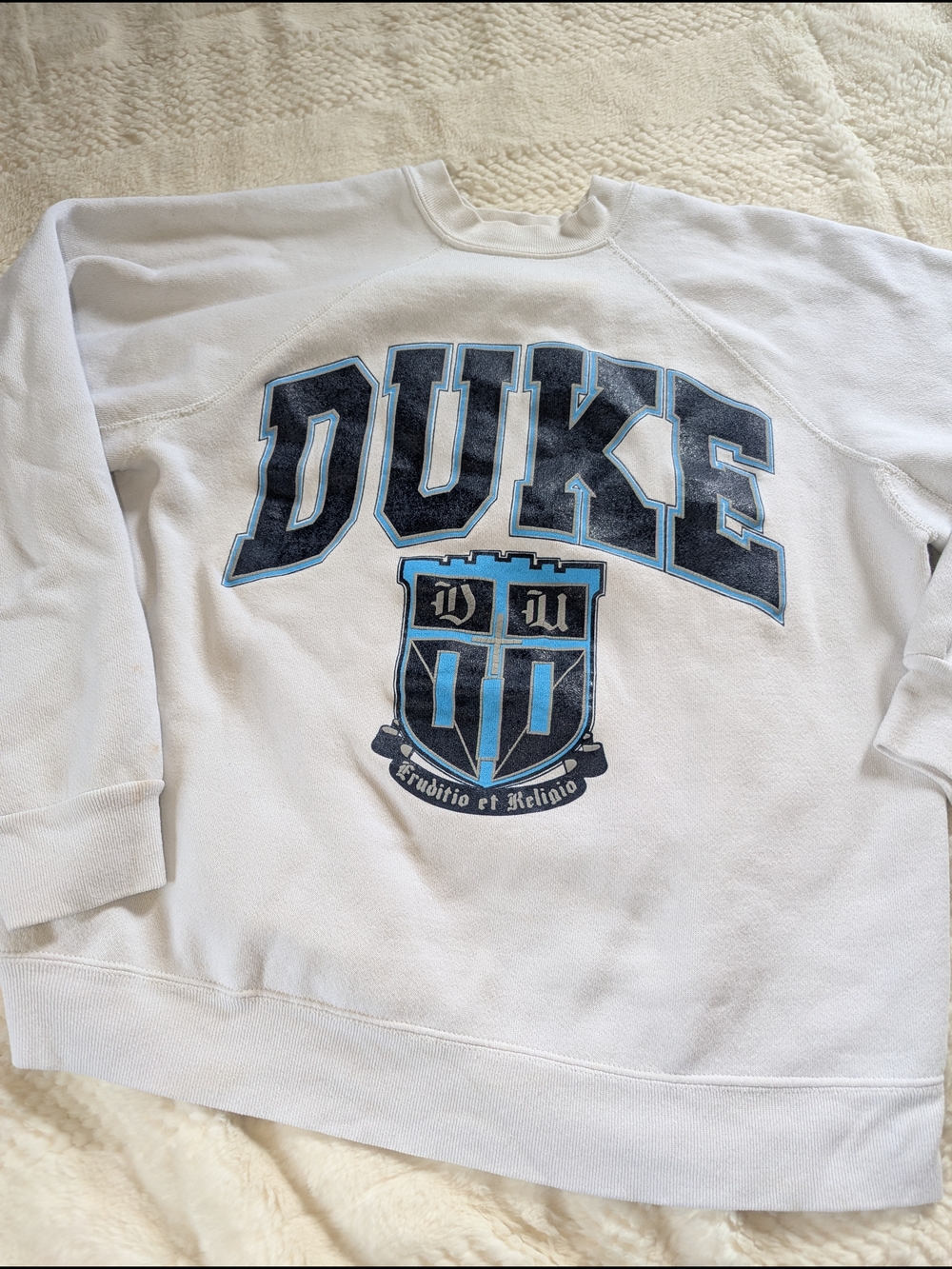 Duke White Crewneck Sweatshirt with Blue Crest